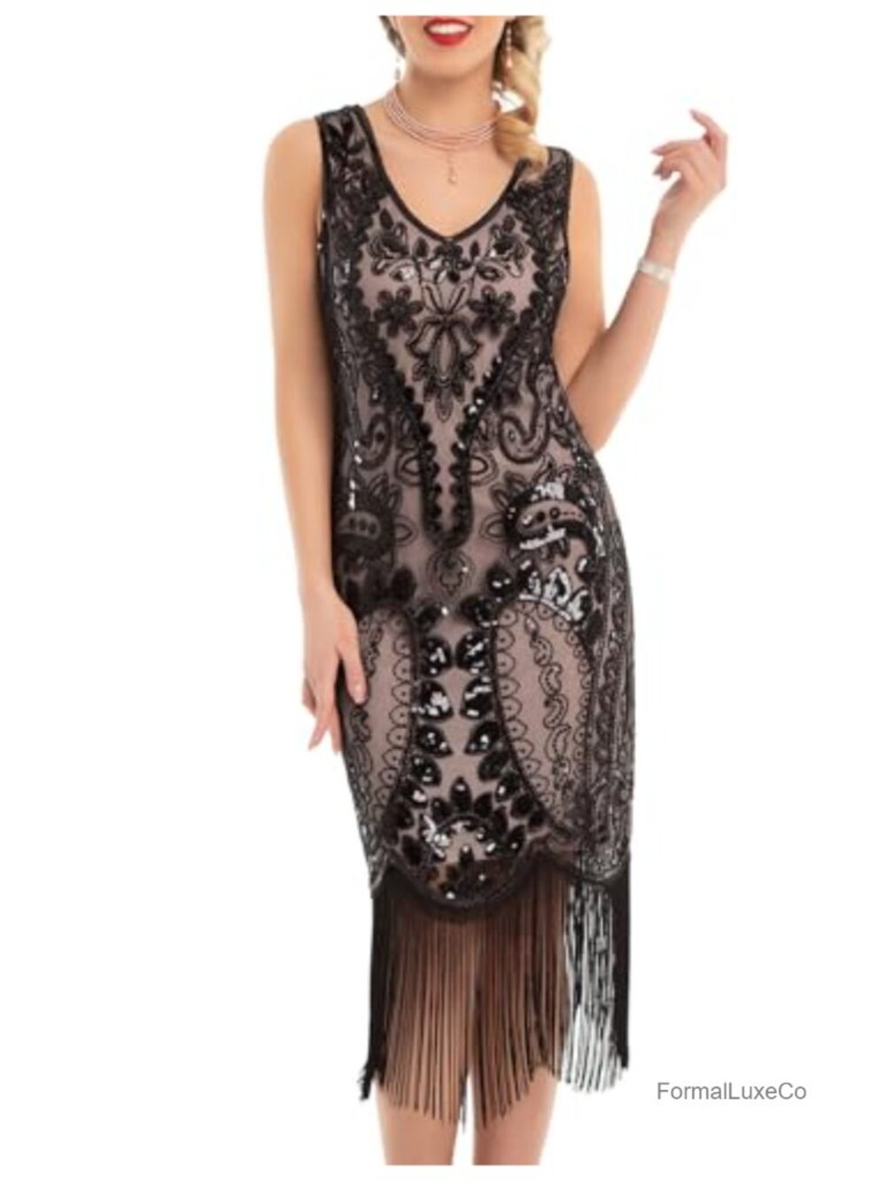 PrettyGuide Flapper Dress Sequin Beaded Fringed 1920s Gatsby Midi Costume